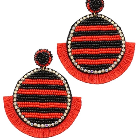 UGA Red & Black Beaded Round Earrings Rhinestone Edge Fringe Gameday Team NEW - Picture 3 of 3
